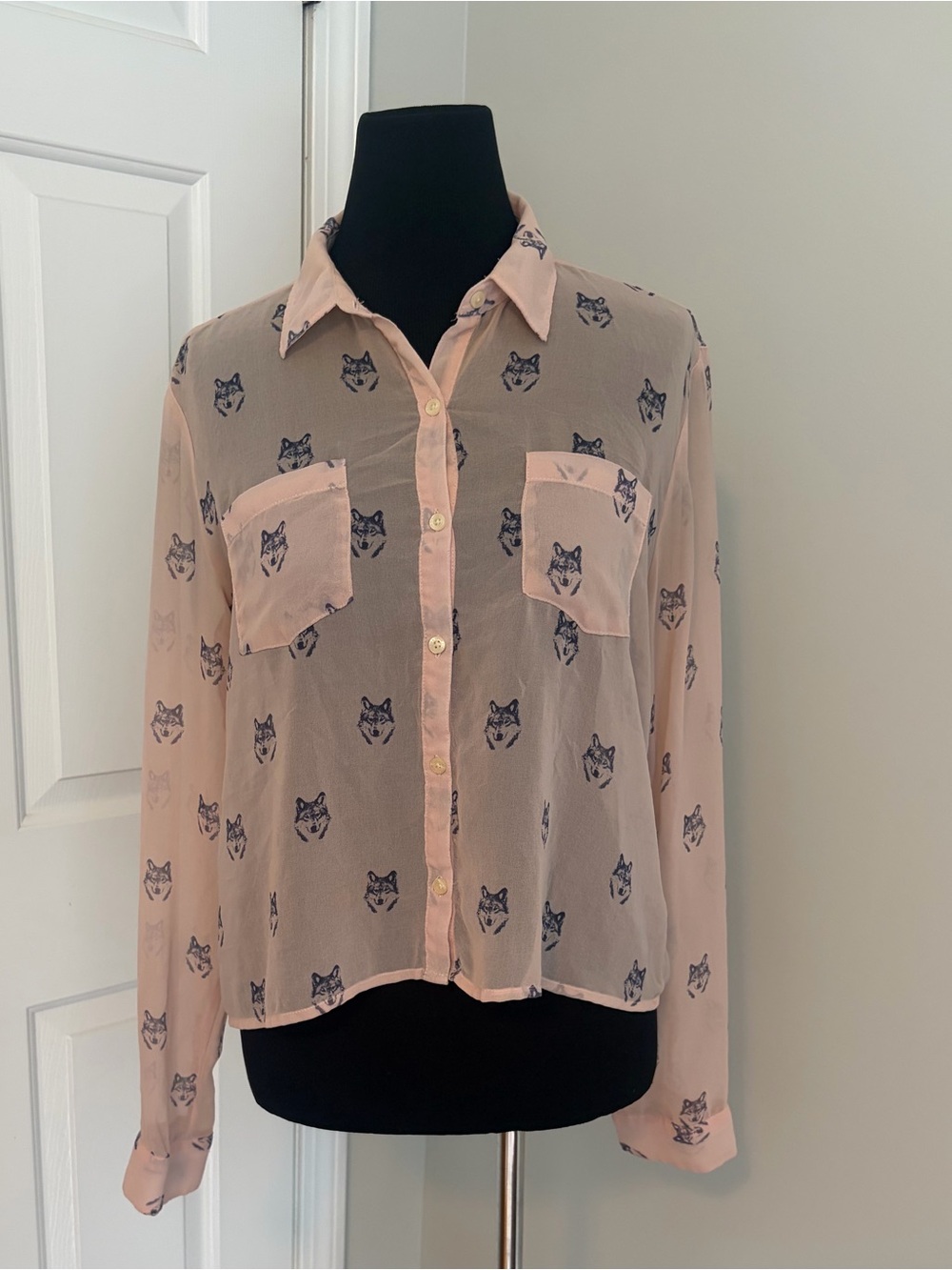 Aeropostale Light Pink Sheer Blouse with Navy Wolf Print